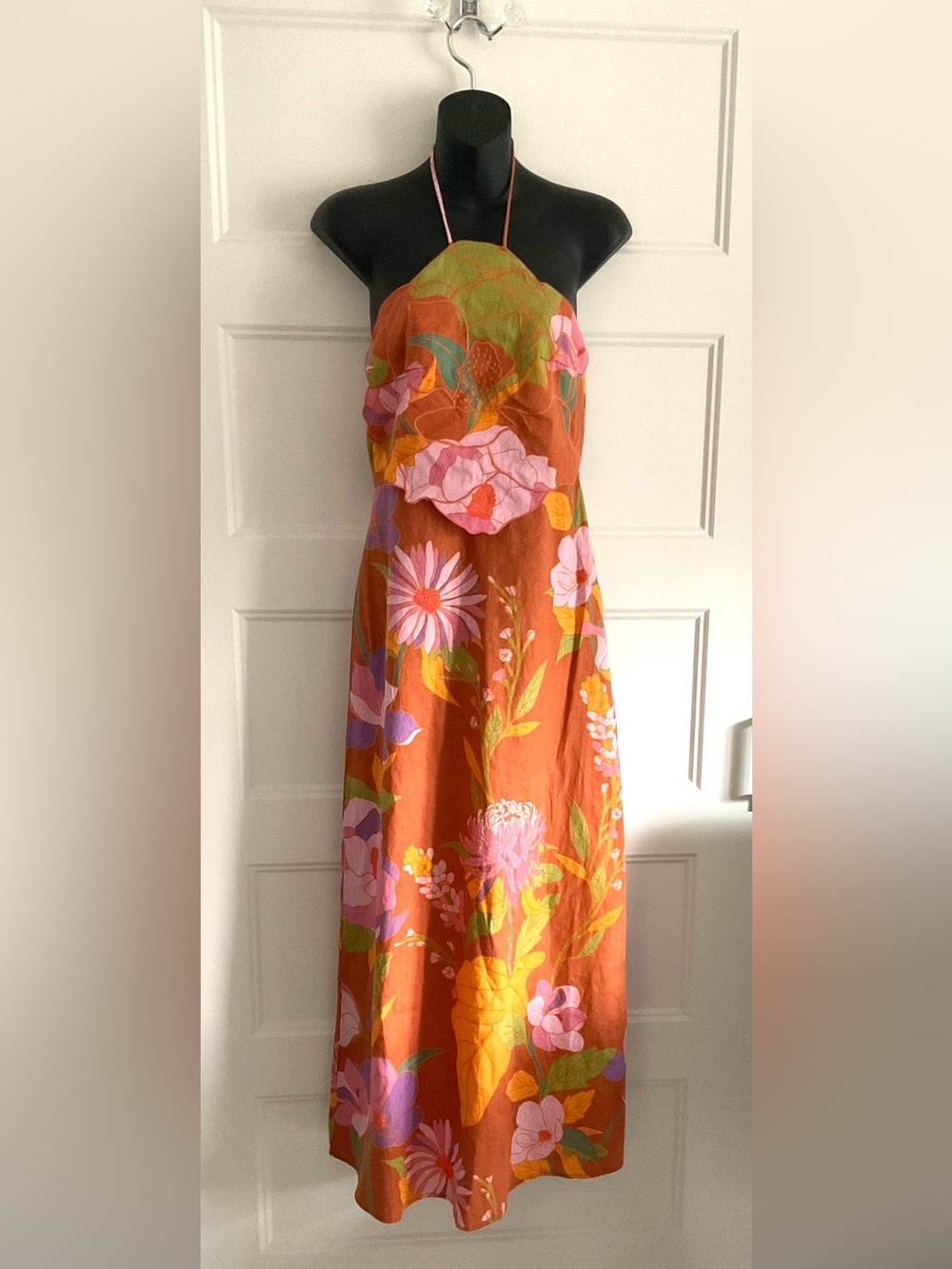 Caroline Constas Orange Floral Halter Dress with Pink Accents